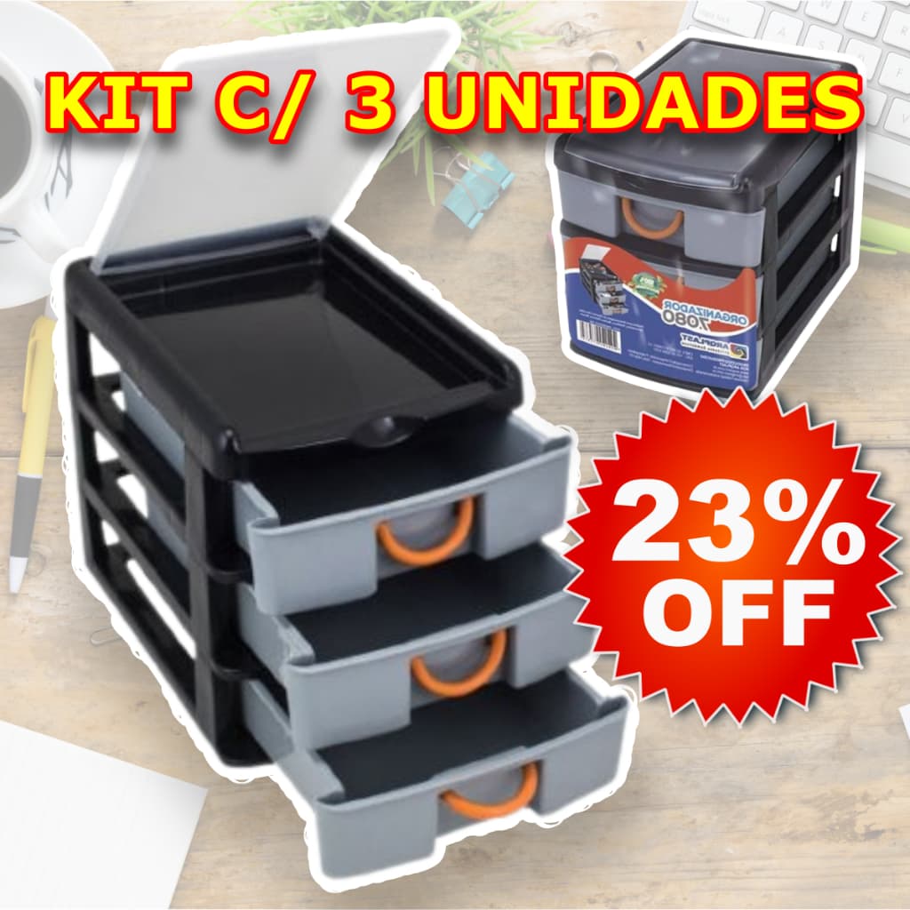 Kit 3 Gaveteiros Organizador De Mesa Com 3 Gavetas Pequeno Multiuso De Plástico - Escritório, Canetas, Ferramentas