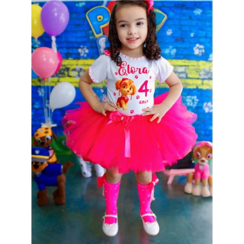 Fantasia Patrulha Canina Adulto e Infantil 6,8,10 e 12 anos Camiseta Personalizada Saia de Tutu e Laço de Cabelo
