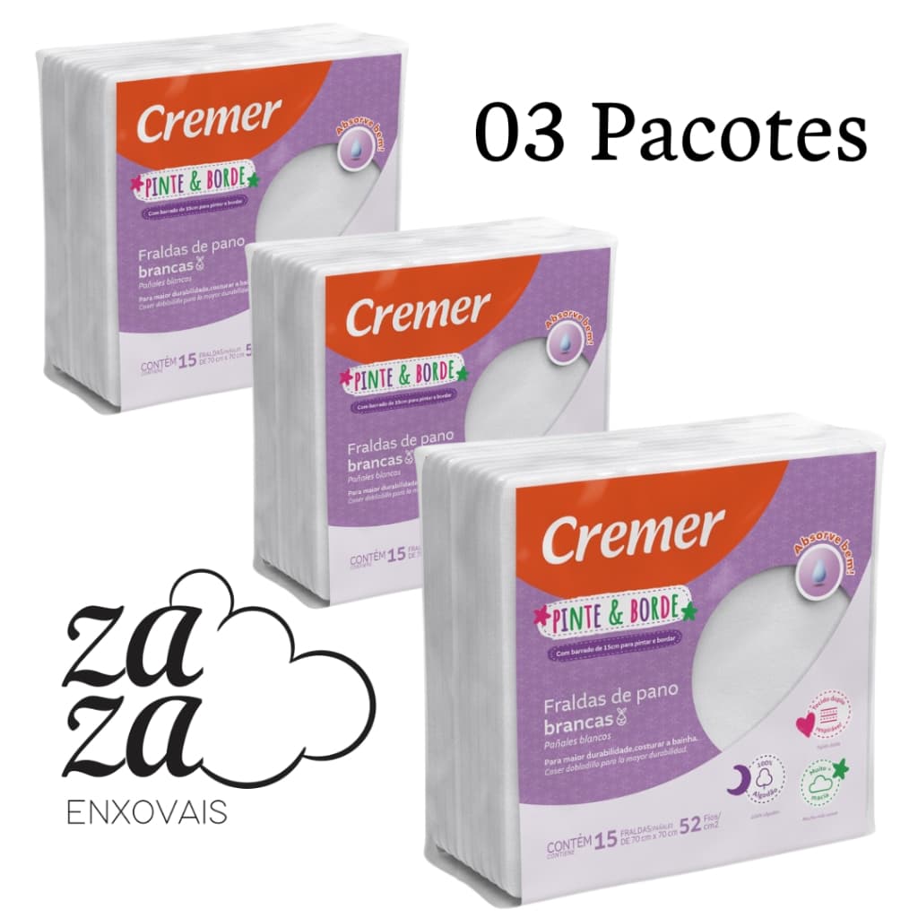 Fralda de Pano Branca Pinte e Borde 15 UN Cremer KIT C/3
