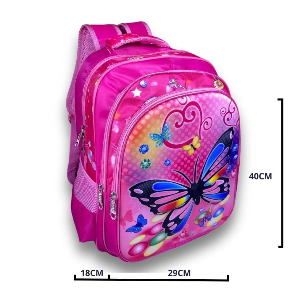 Mochila Infantil Feminina Escolar Passeio Alto Relevo 3D Borboleta Com 3 Bolsos 21 L