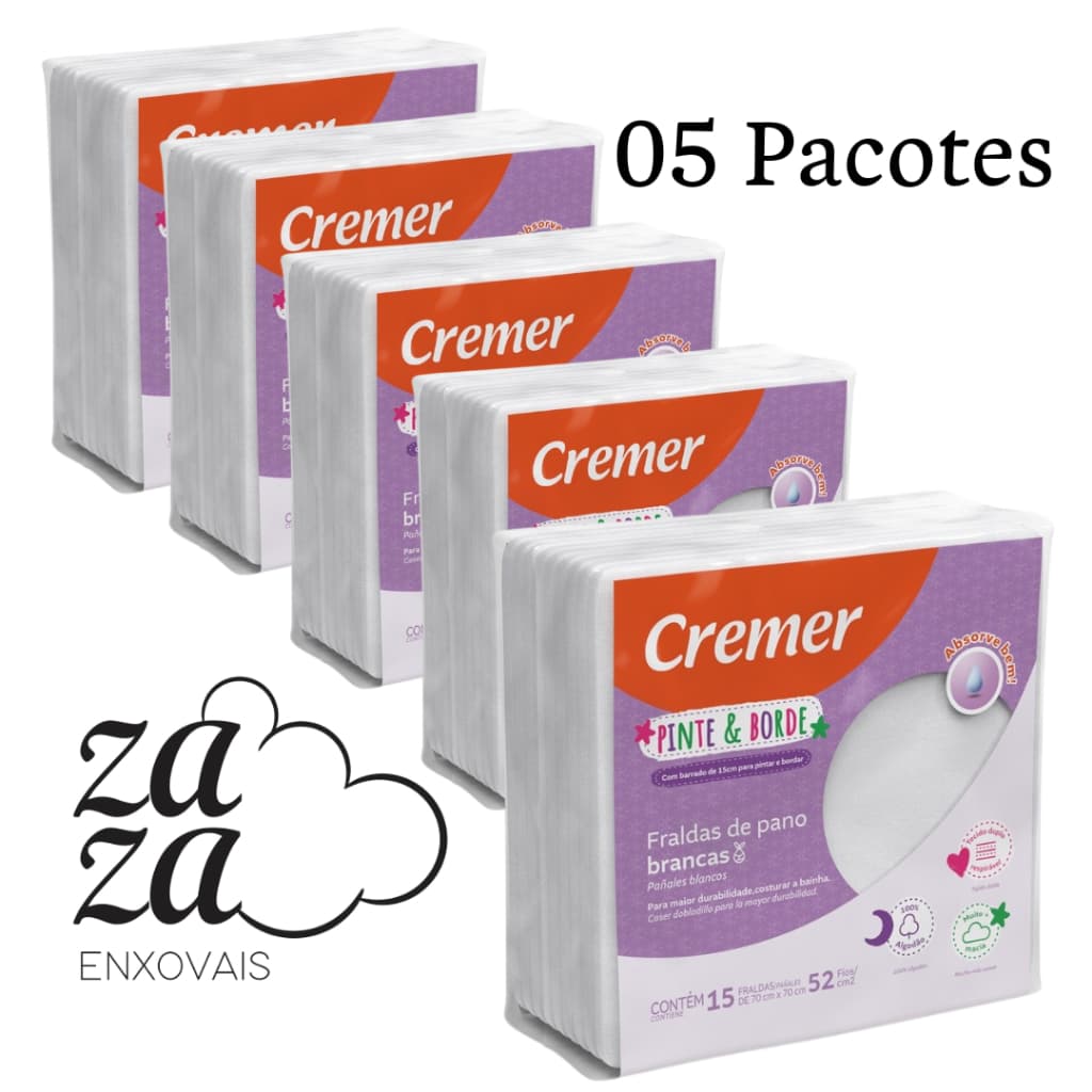 Fralda de Pano Branca Pinte e Borde 15 UN Cremer KIT C/5 Pacotes