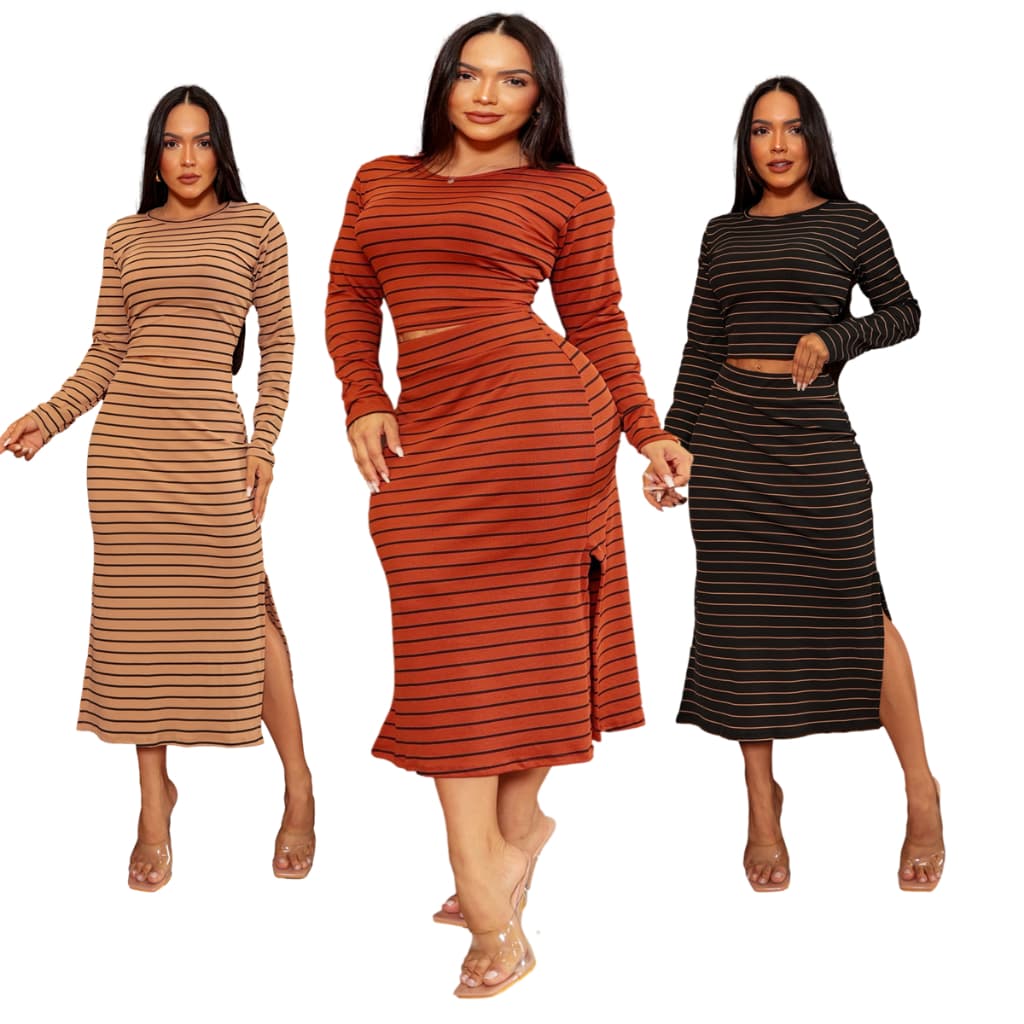 Conjunto 2 Peças Feminino Cropped e Saia Midi Fendas Laterais Ribana Canelada