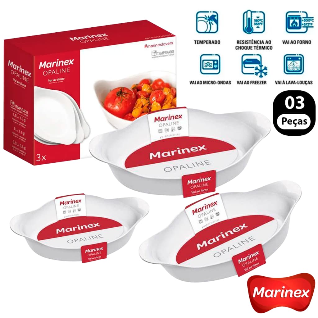 Kit 3 Jogo Assadeira Oval Opaline Vidro marinex PMG Travessa Forma de Decorações Vidro Branco