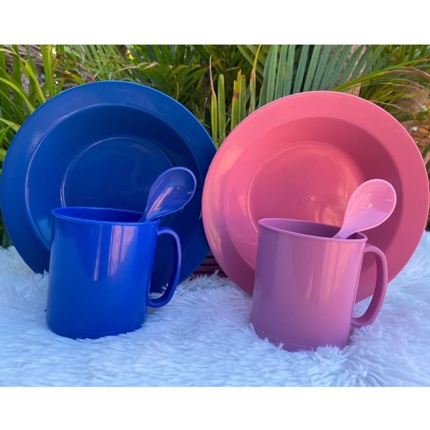Jogo 2 kit refeição merenda fundo copo caneca alça infantil resistente rosa azul bic não quebra