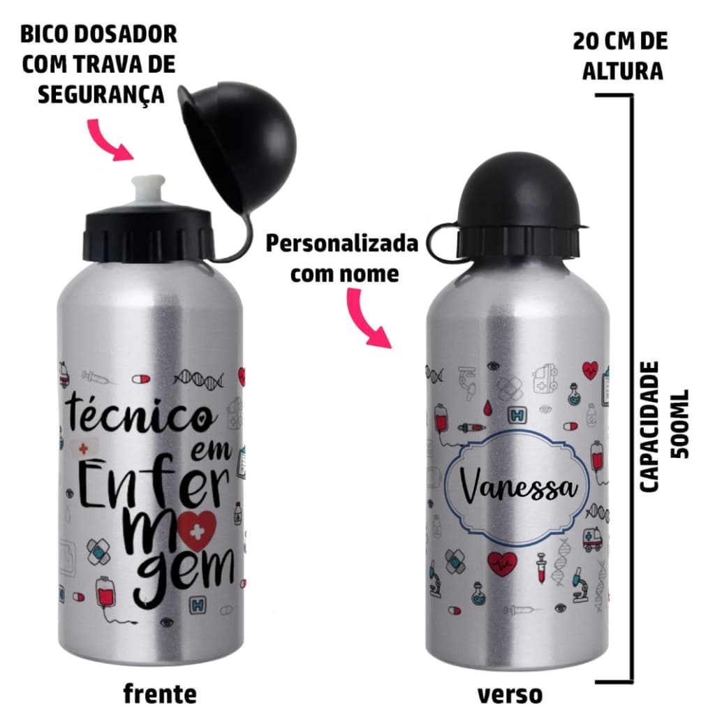 Garrafa Squeeze de alumínio  Personalizada com nome - Enfermagem
