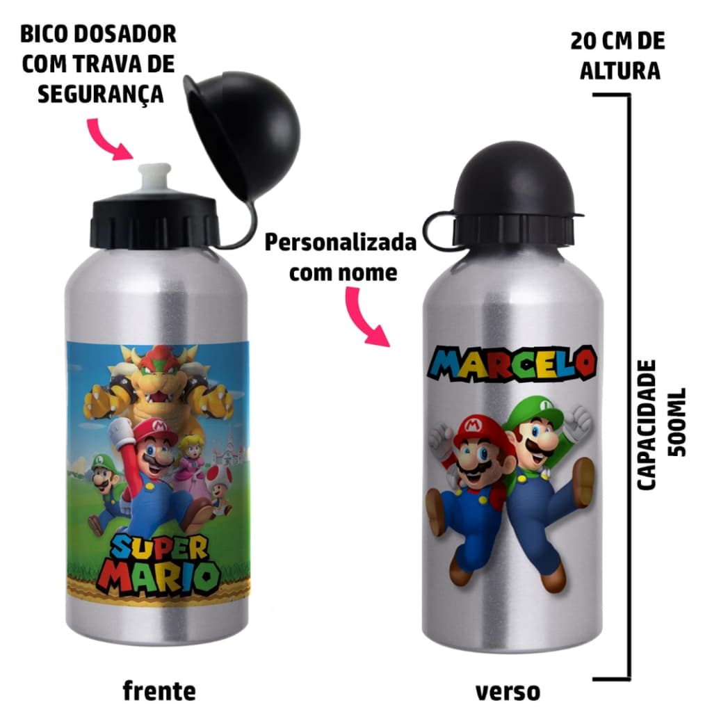 Garrafa Squeeze de alumínio Super Mario - Personalizada com nome