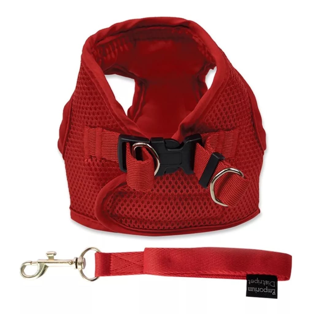 Coleira Colete Peitoral Aerado Vermelho para Cães, nylon, encaixe click preto plástico, guia metal mosquetão giratório