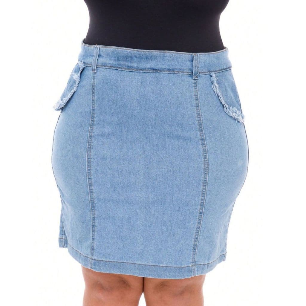 Saia Jeans Feminina Plus Cristal Com Ziper Atrás Com Detalhe Desfiado
