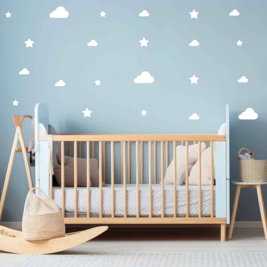 Kit 49 Adesivos Nuvens e Estrelas Quarto Infantil Bebê Tamanhos Variados