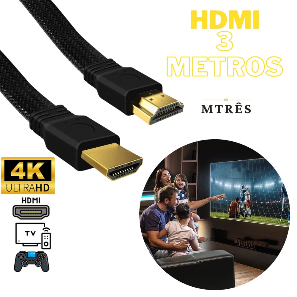 Cabo HDMI Reforçado 3 Metros 4K Full HD Longo Para TV PC Notebook Alta Resolução Transmissão Estável