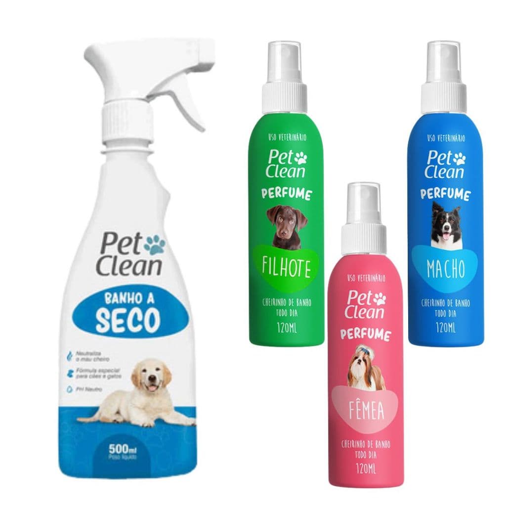 Kit Banho a Seco e Perfume para Cães e Gatos Pet Clean Escolha a Fragrância - Limpa Neutraliza Odor