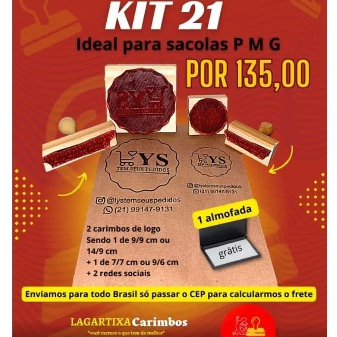 kit 21(1 carimbo 14/9 cm ou 9/9 cm + um carimbo 7/7 cm ou 9/6 cm + 2 carimbos de rede social+ uma almofada na cor preta)