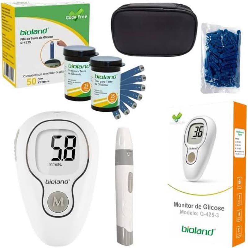 Kit Medidor de Glicose Modelo G425 Completo 75 Tiras + 25 Lancetas e Caneta Lancetadora - Bioland