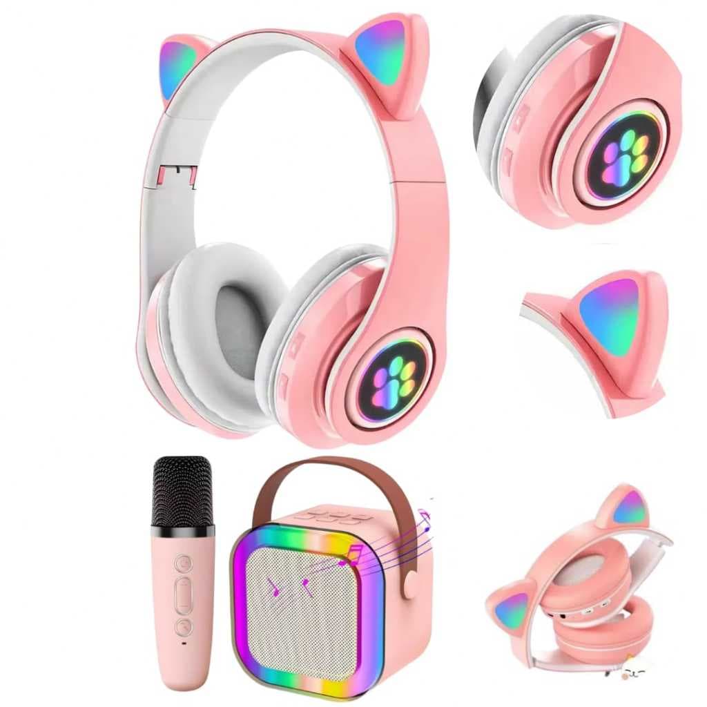 Caixa De Som Karaokê + Fone Gatinho Infantil  - Sem Fio C/led - Diversão completa