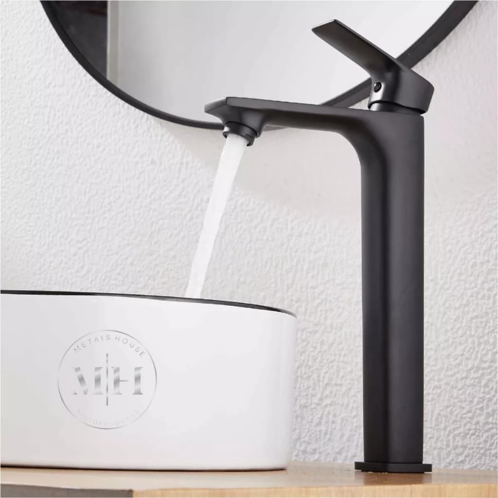 Torneira Monocomando Metais House Alta Preta Fosca Agua Quente e Fria de Bancada p/ Banheiro de Luxo