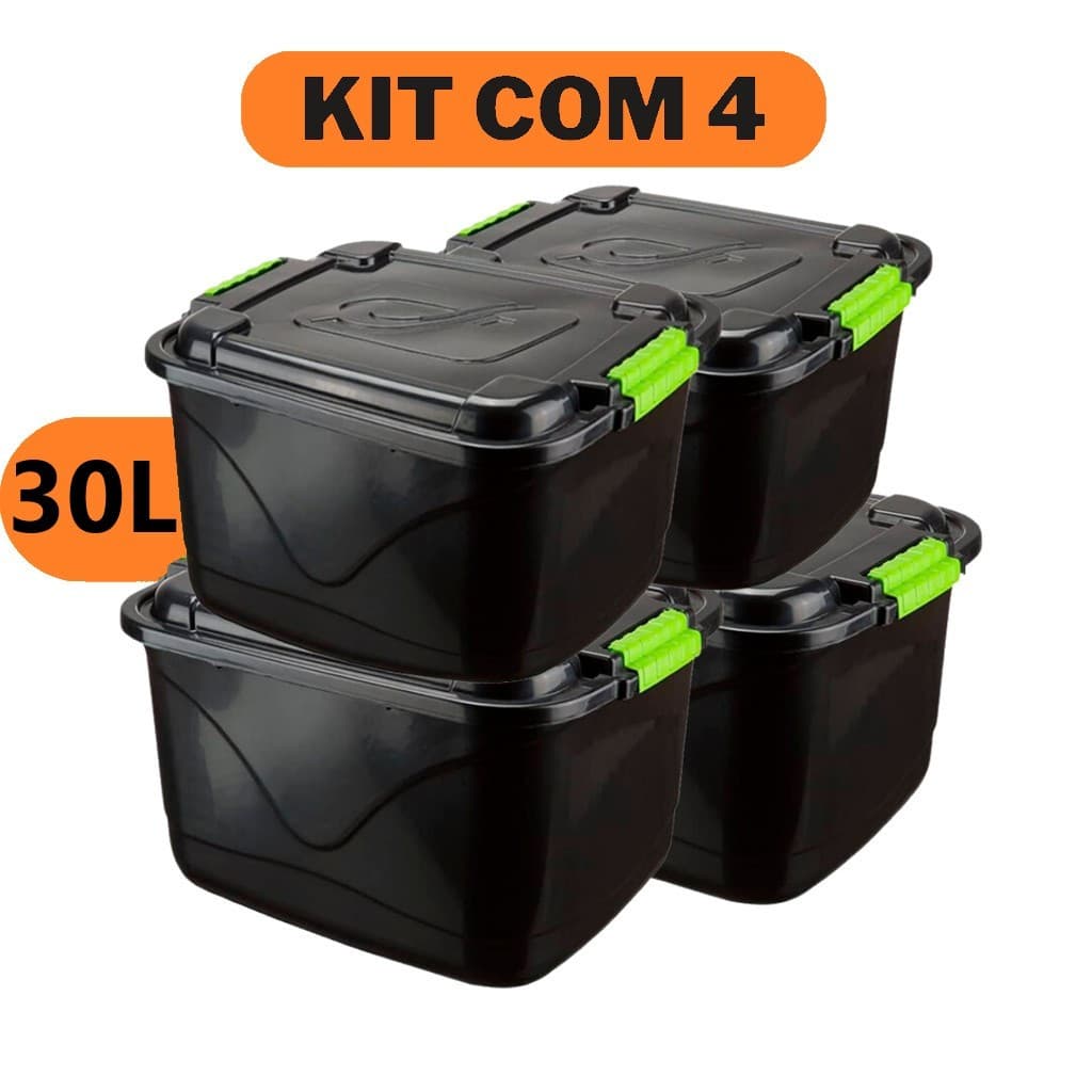 Kit 4 Caixas Cesto Organizador 30 Litros Grande Com Tampa Multiuso Armazenamento Para Brinquedos Ferramentas Livros
