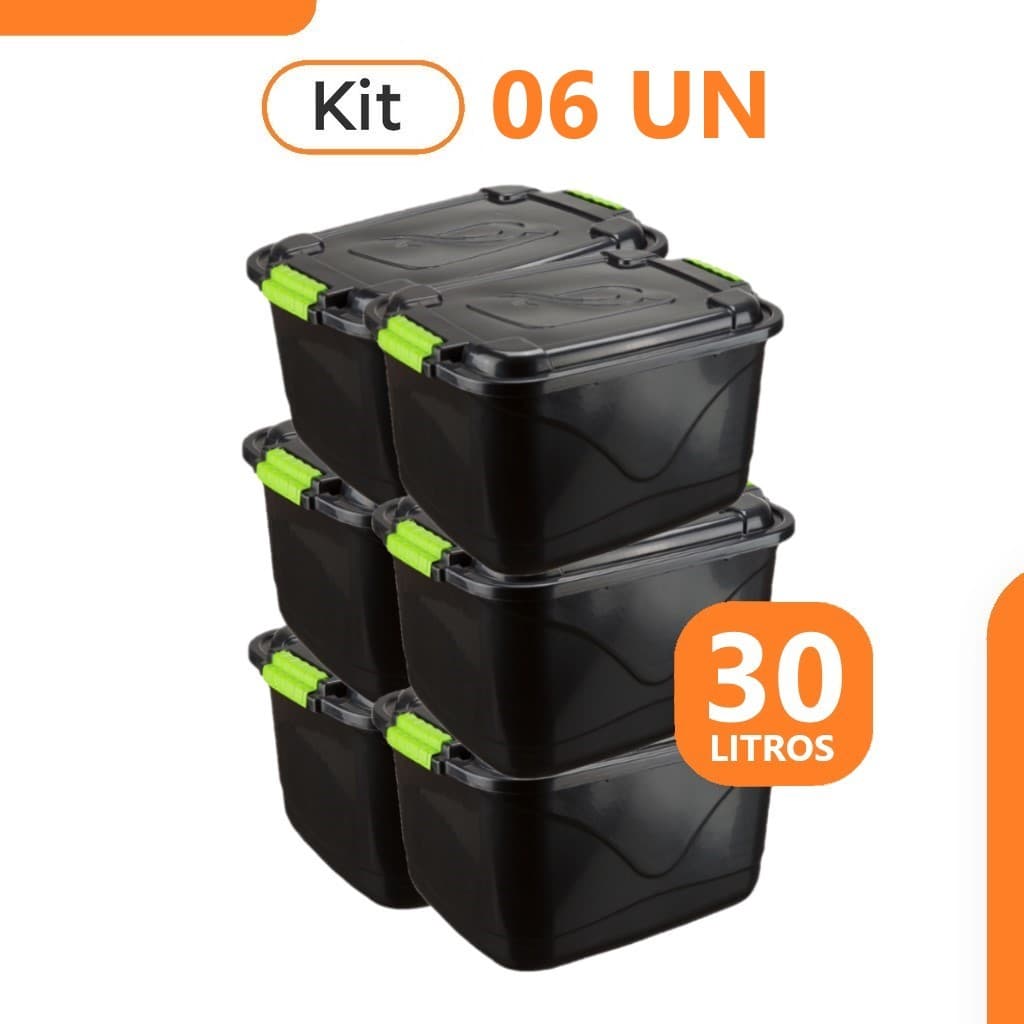 Kit 6 Caixas Cesto Organizador 30 Litros Grande Com Tampa Multiuso Armazenamento Para Brinquedos Ferramentas