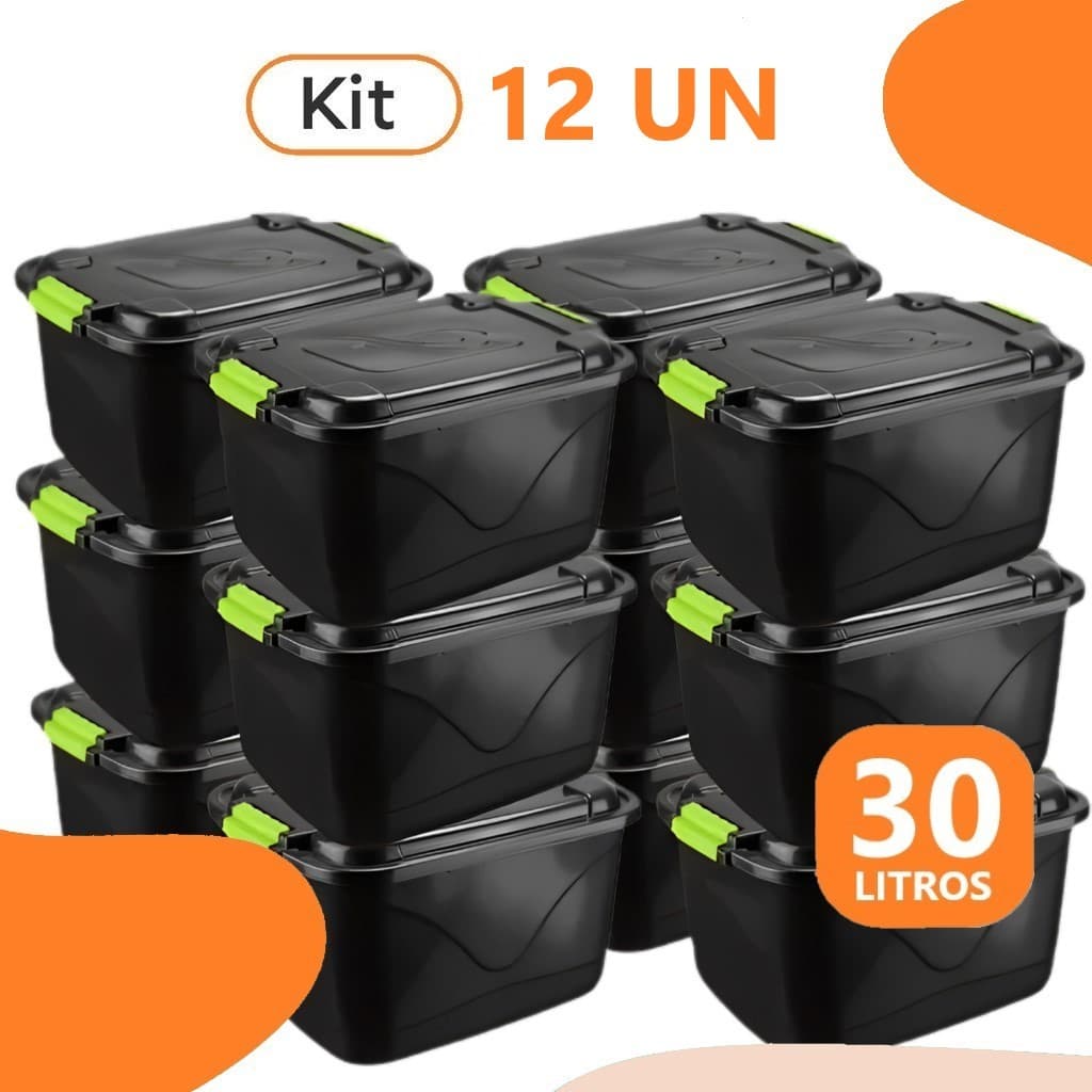 Kit 12 Caixas Organizadora 30L Tampa e Trava Cesto Container Grande P/ Brinquedos Ferramentas Multiuso