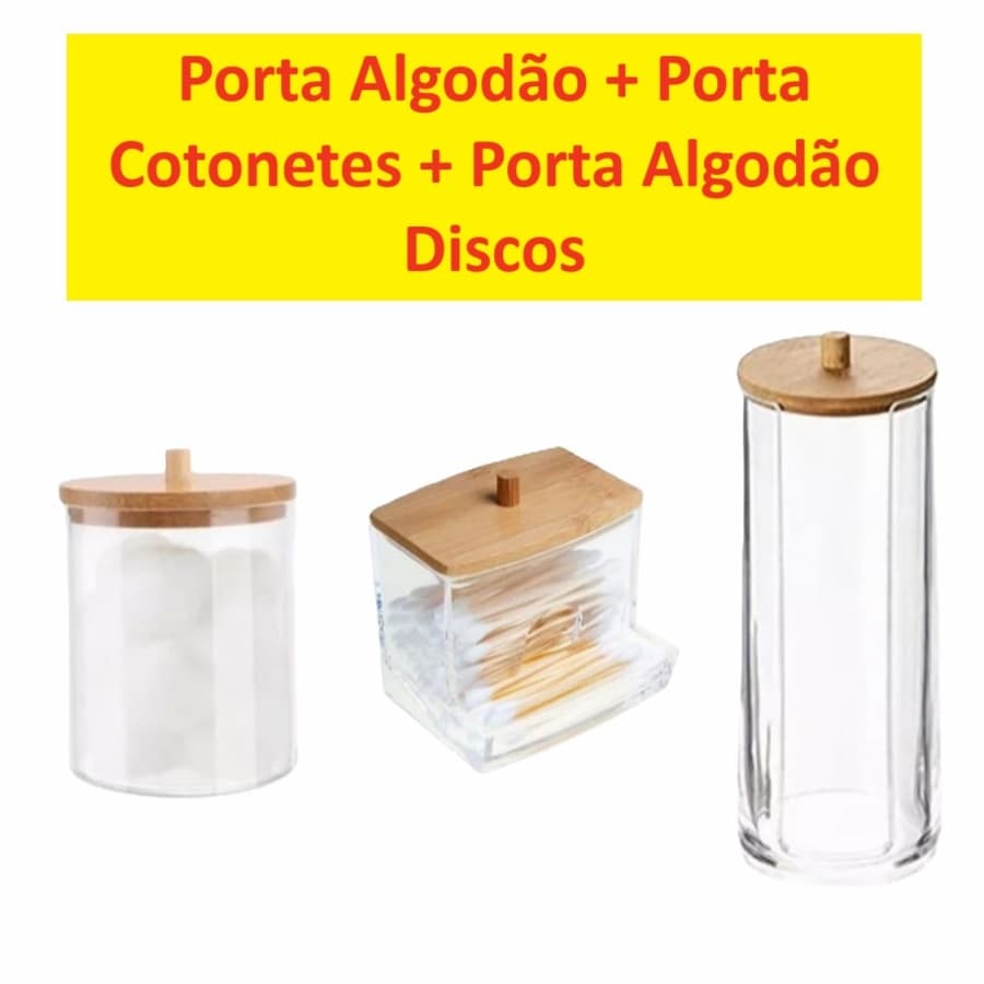 Conjunto Porta Cotonete E Algodão Em Acrílico Transparente Com Tampa De Bambu Resistente Simples E Util Top Estilo