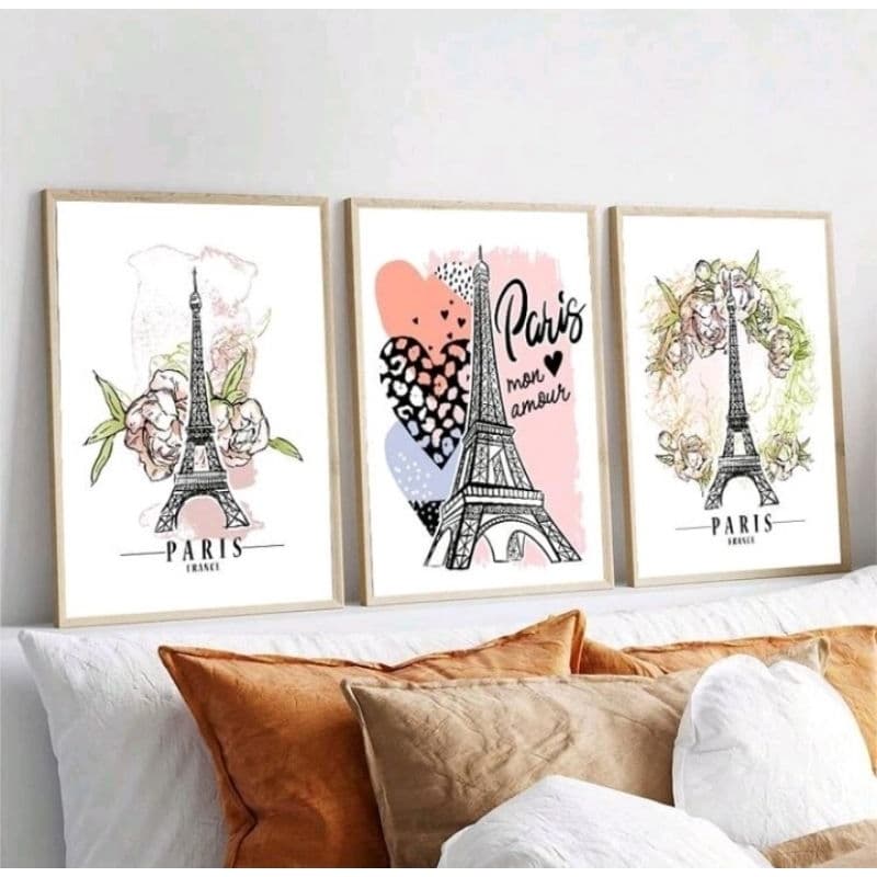 Quadro Decorativo 3 Peças Torre Eiffel Aquarela Coroa De Flores Paris