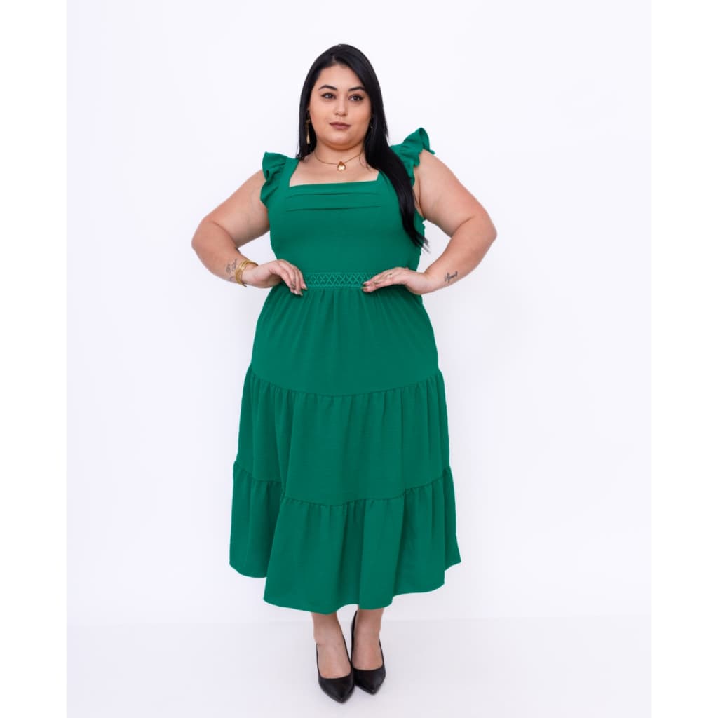 Vestido midi luxo plus size duna com babada na manga e  renda na cintura 40014