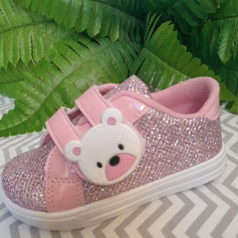 Tênis rosa claro infantil bebê menina ursinha com sola sapatinho nenê feminino calçado ursa tenis