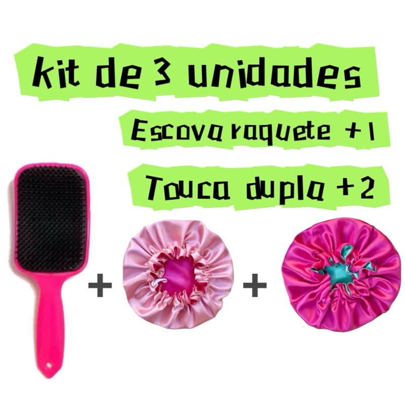 Kit 1 Escova Raquete + 2 Touca Dupla Cetim anti-frizz Promoção