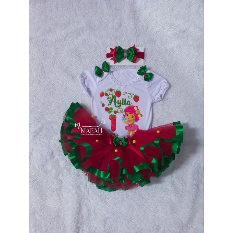 Fantasia Moranguinho Adulto e Infantil 6,8,10 e 12 anos Conjunto Completo Camiseta Personalizada Saia de tutu