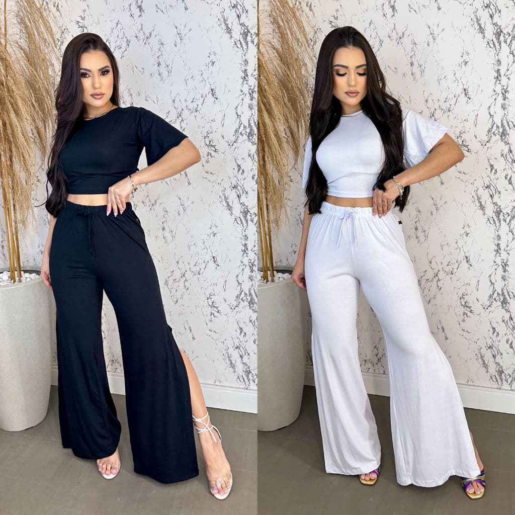 Calça Pantalona Longa com fenda na lateral Calça feminina Cós alto elástico, na cintura cordão falso