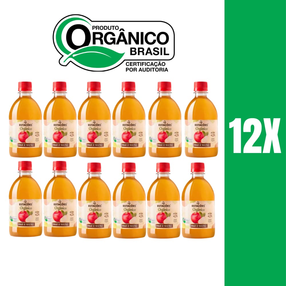 Vinagre de Maça Orgânico 4,2 Acidez 4 Estações - Kit com 12 Unidades de 450ml cada