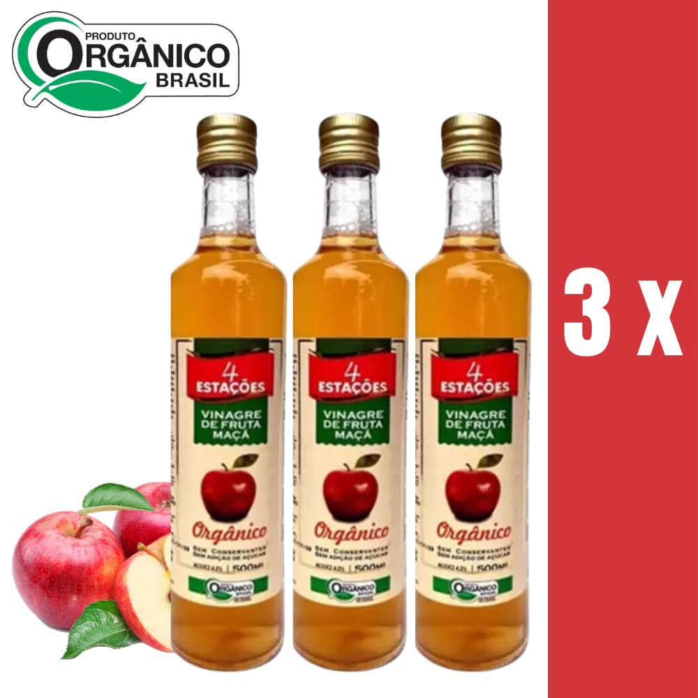 Vinagre de Maça Orgânico 4,2% Acidez 4 Estações - KIT 3 Unidades de 500ml cada