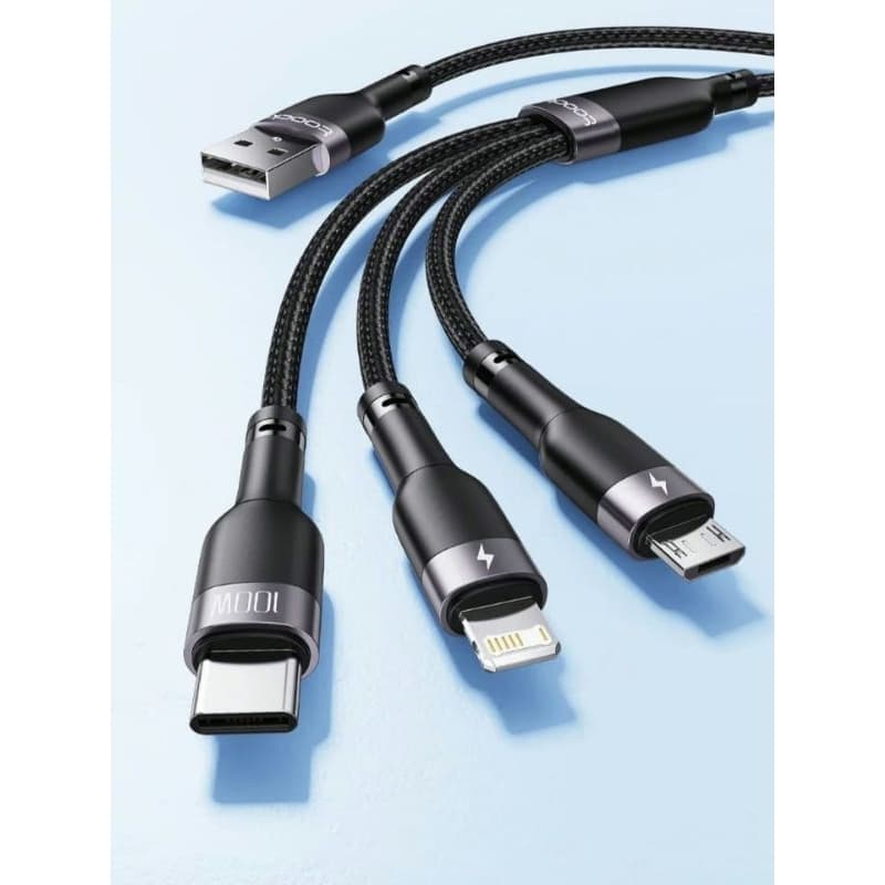 Cabo 3 em 1 Original Toocki USB Tipo C, carregamento