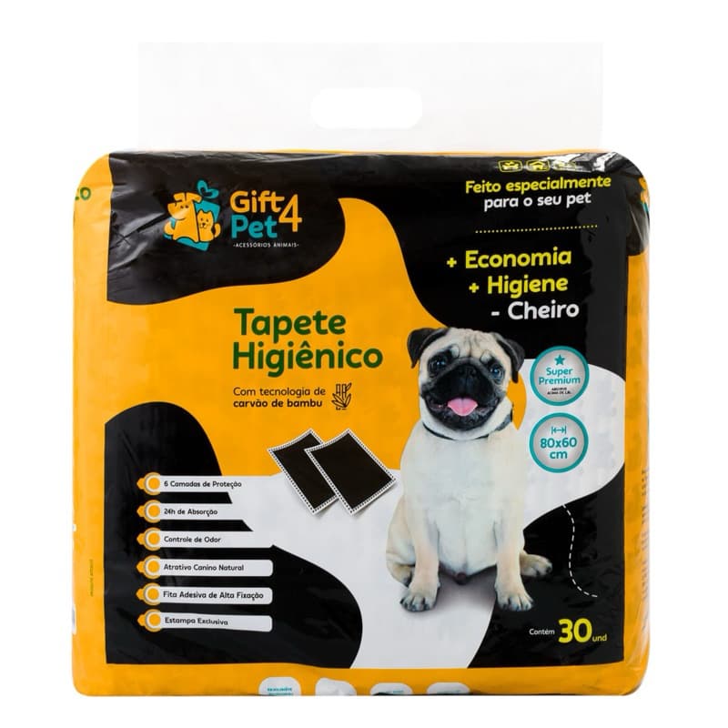 TAPETE HIGIÊNICO SUPER PREMIUM FIBRA DE BAMBU COM 30un TAPETE PRETO TAM 80x60cm