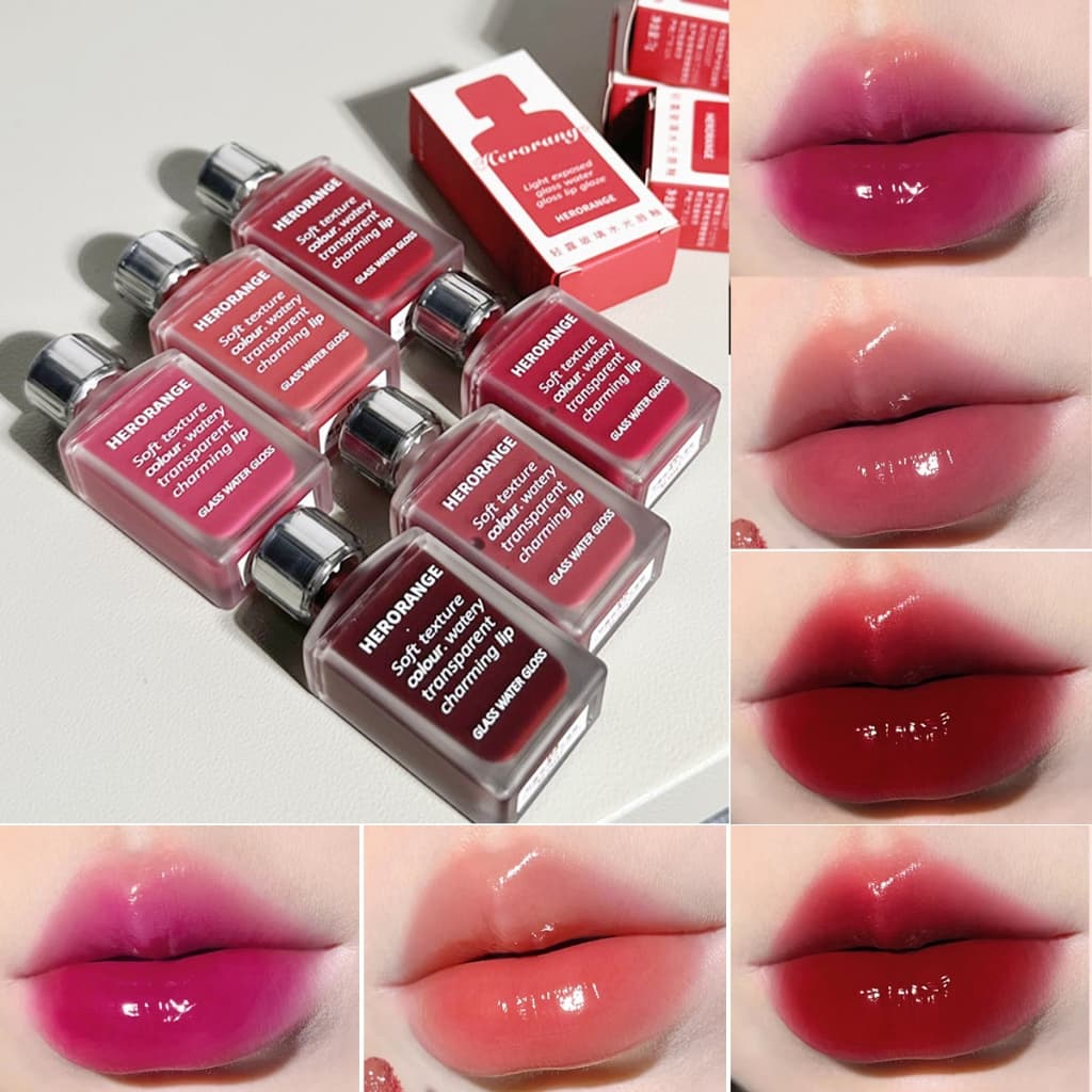 Herorange suco Água Brilho Espelho Brilho Labial Luz Hidratante Vidro Brilho Labial Festa Estudantil Maquiagem 7ml