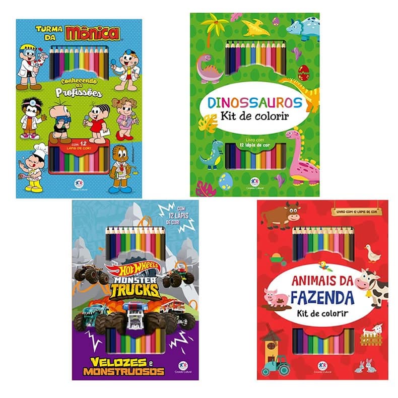 Kit com 4 Livros de Colorir com 12 lápis de cor cada