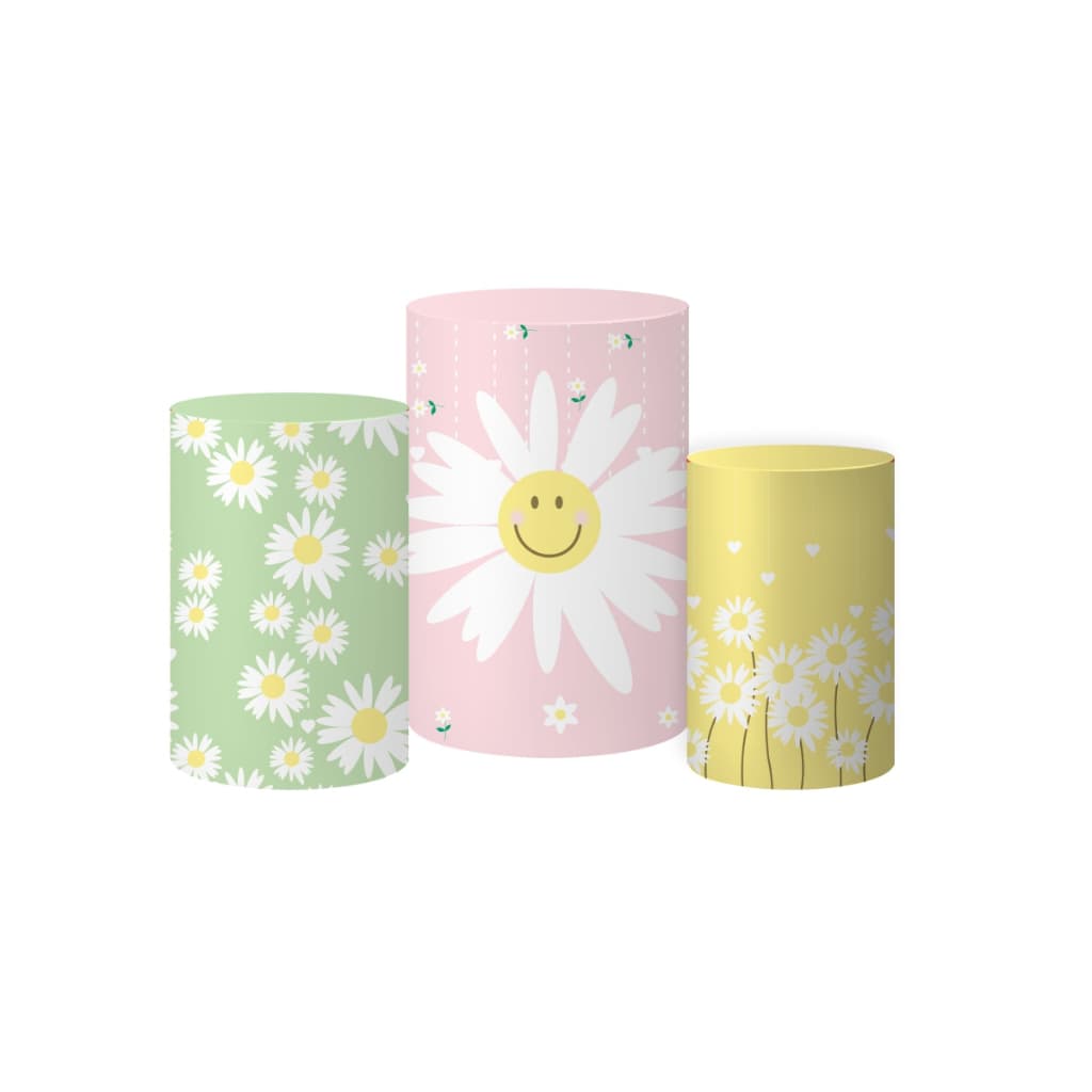 Trio Capas Cilindro Tecido Sublimado 3D Margarida Festa Floral Decoração Veste Fácil Aniversário