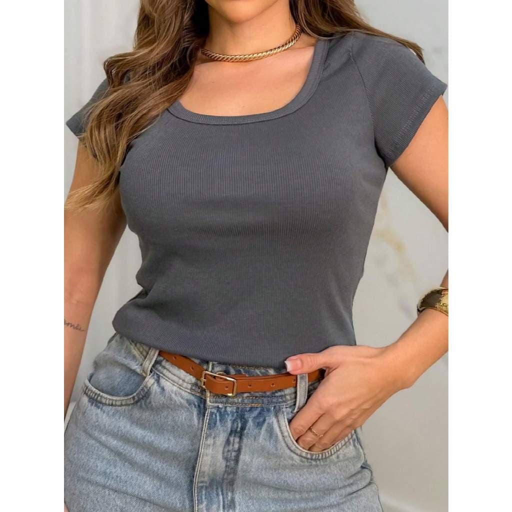 Camiseta De Manga Curta Cor Sólida Tem Elastano Algodao 100%