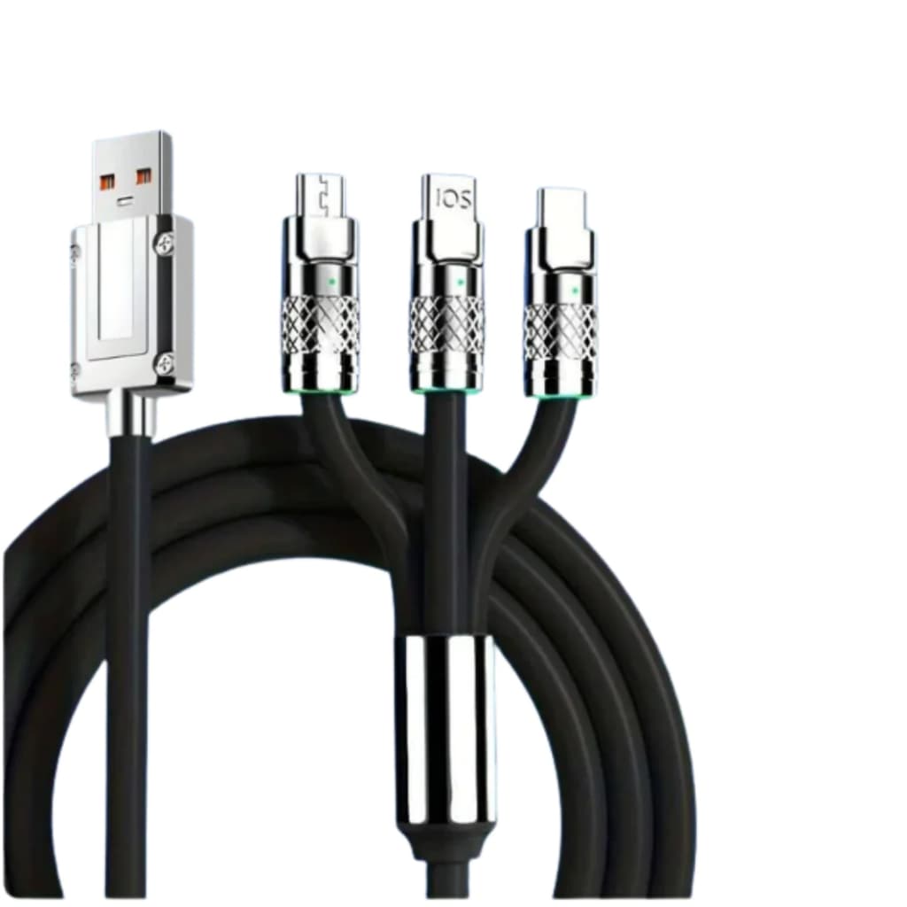 Cabo Carregador Rápido 3 em 1 120W - USB C, Lightning e Micro USB - Compatível Android iOS