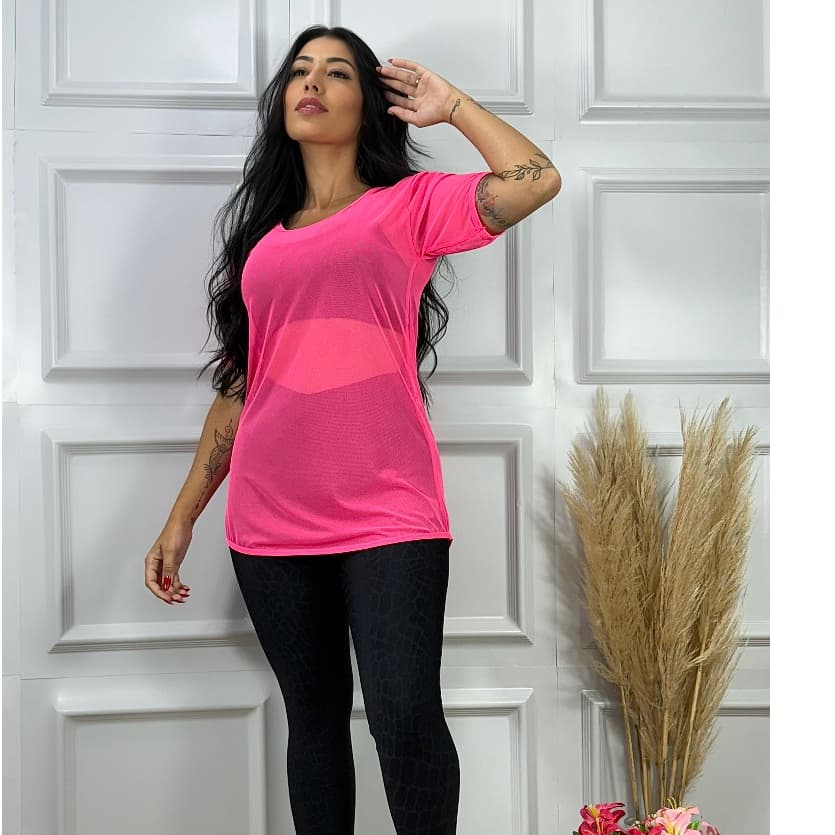 Blusa Feminina de Tule Transparente com Manga Roupa de academia Moda fitness.