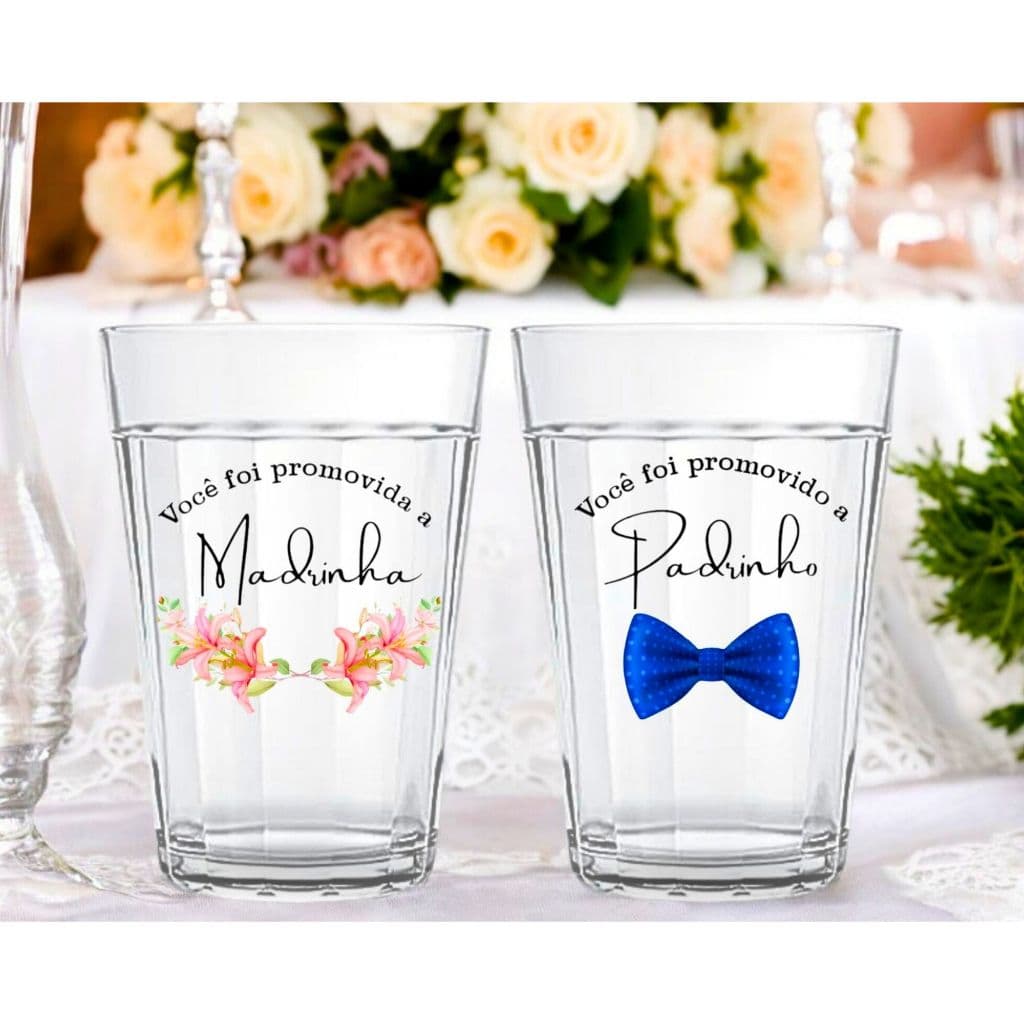 2 Copos Americano 190ml Vidro Personalizado Padrinho Madrinha Convite Casamento Batizado Dindo Dinda