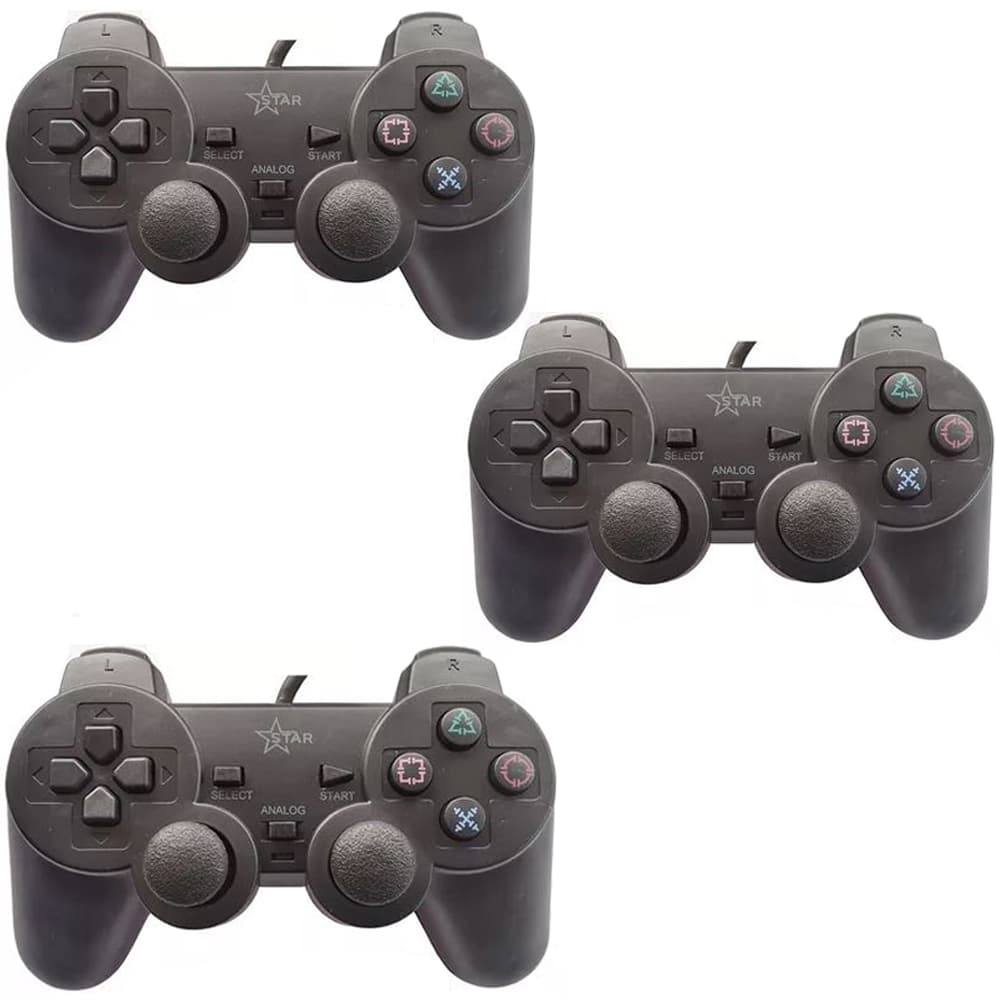 Kit 3 Controles Play 2 Com Fio Analógico Dualshock Joystick