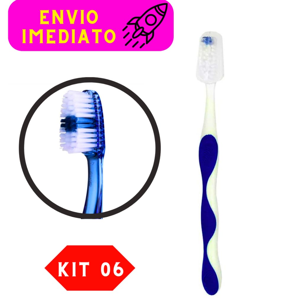 Kit 06 Escovas de Dente Média Cores Variadas Com Capa Protetora Limpador de Língua Leve