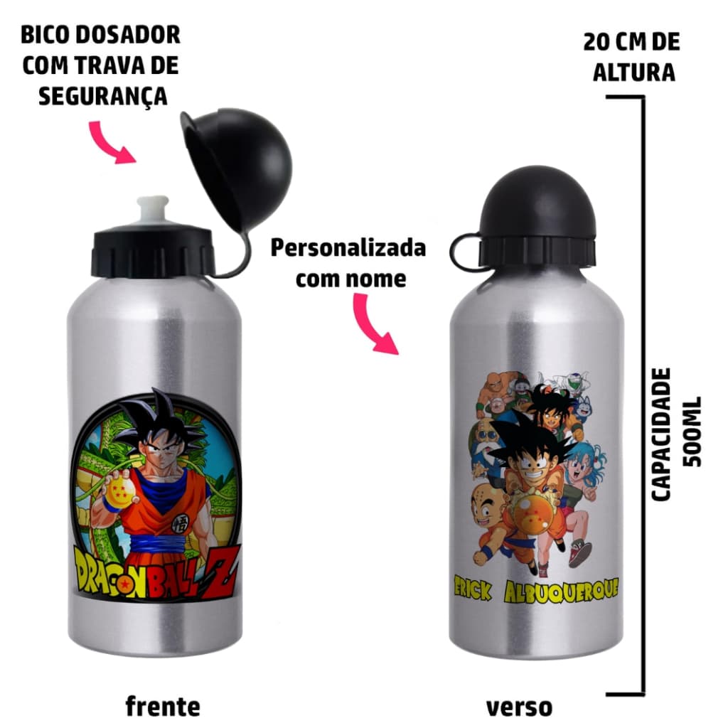 Garrafa Squeeze de alumínio Dragon Ball - Personalizada com nome