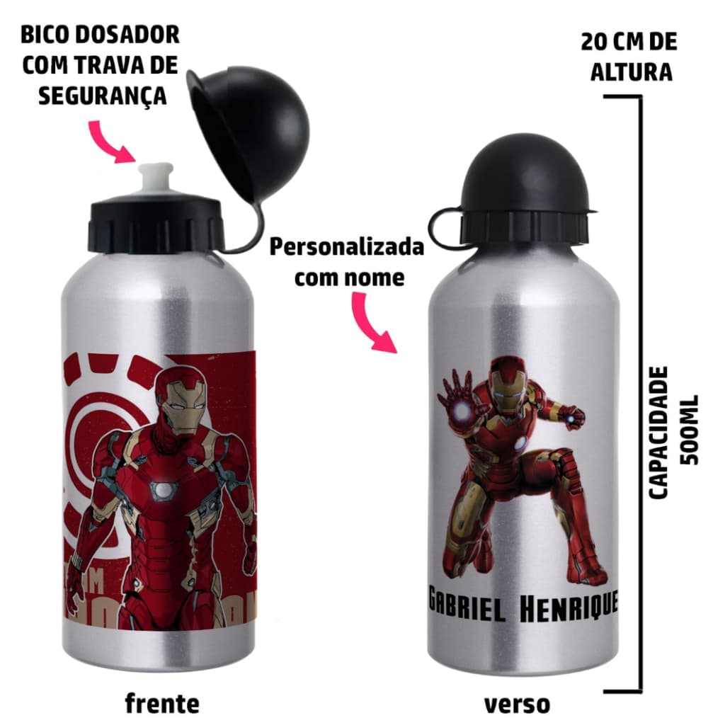Garrafa Squeeze de alumínio Homem de Ferro  - Personalizada com nome