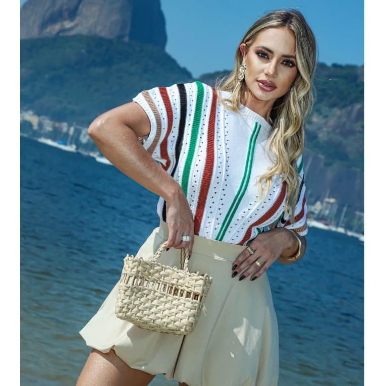 Blusinha Feminina Listrada Tricot Modal De Verão Manga Morcego