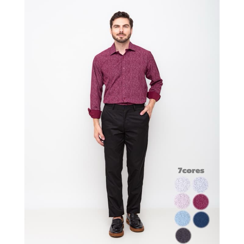 Camisa Social Masculina Mosaico Manga Longa Slim Elasticidade