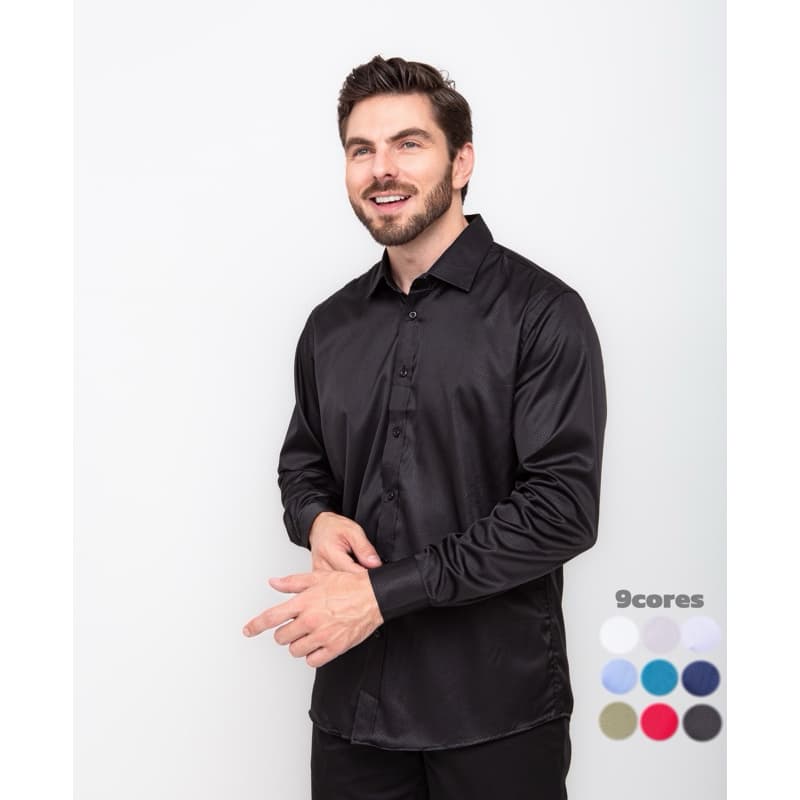 Camisa Social Masculina Elasticidade Bolinhas Manga Longa Slim