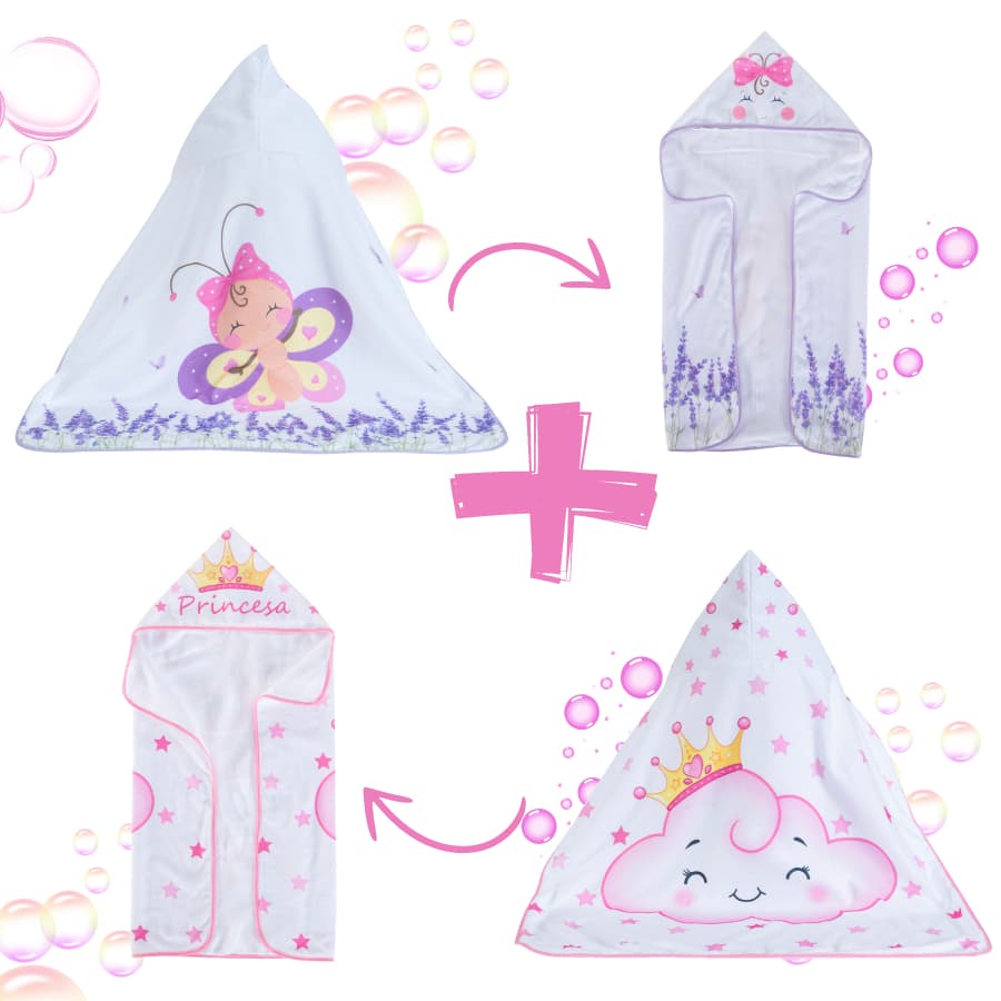 2 Toalhas capuz banho bebê menina Borboleta + Nuvem Rosa forrada fralda 100% algodão 95 x 75 cm