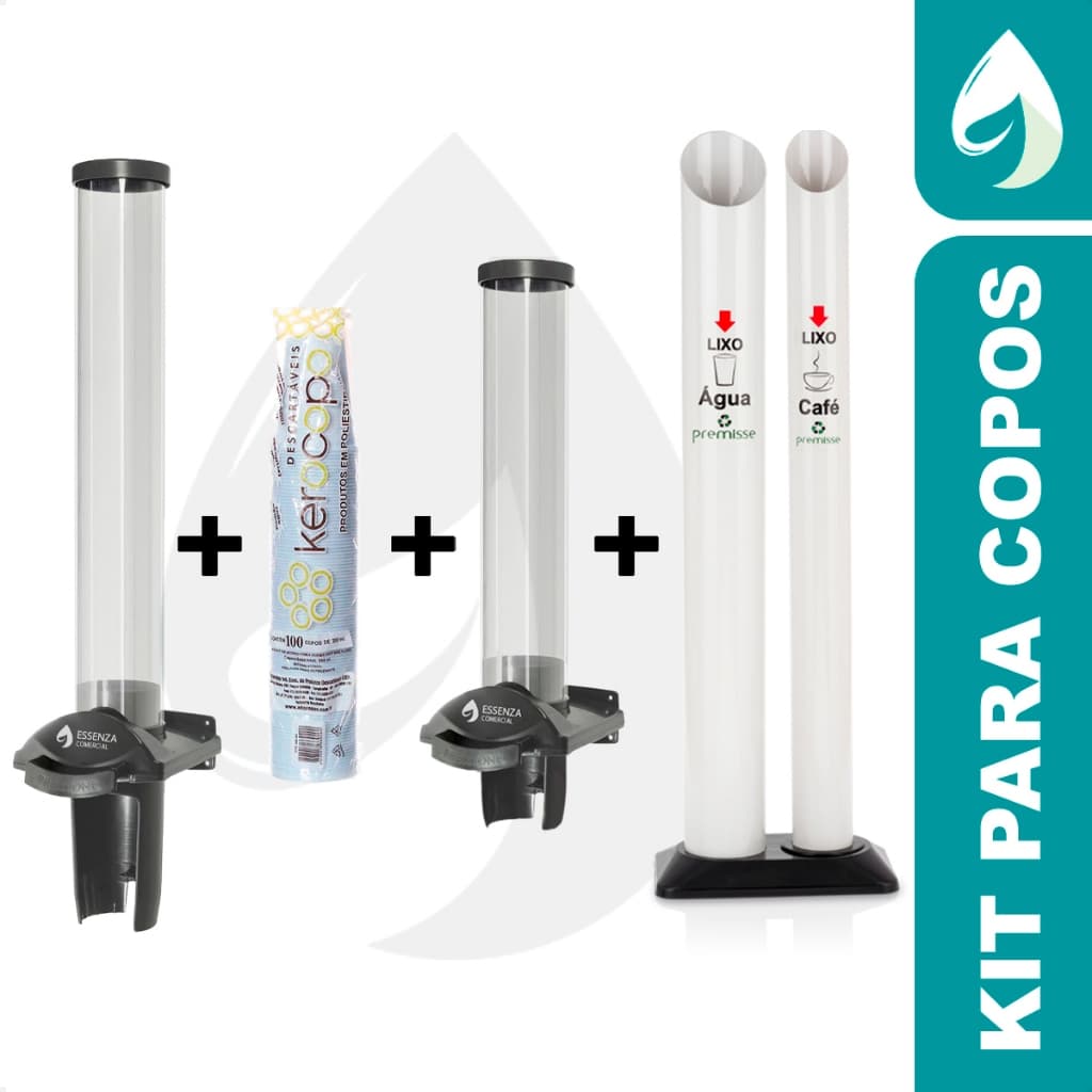 Kit Dispenser Suporte Preto Porta Copo Água E Café + 100 Copos 180ml + Lixeira Dupla