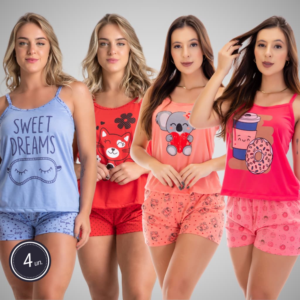 Kit 4 Baby Doll Modal Short Curto Pijama Verão Estampado Sortido Confortável FresquinhoFashion Uso Diário Linha Noite359